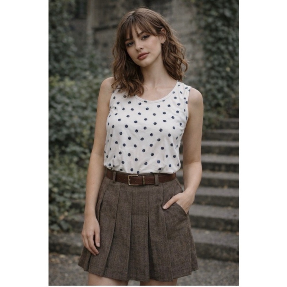 Anne Klein Ivory Navy Rosebud Polka Dot Sleeveless Shell Preppy Blouse Top